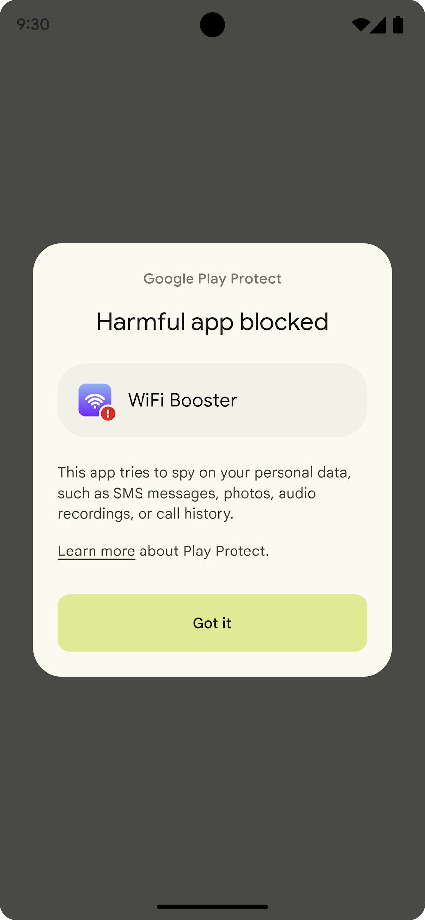 A
pop-up dialog that explains why the app is blocked, along with a 'Got it'
link