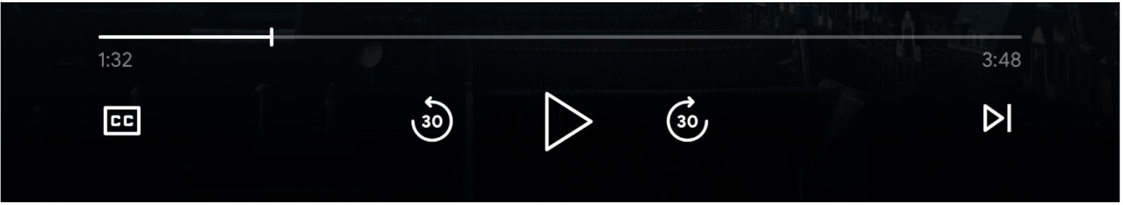 媒體播放器控制項的圖片：進度列、&#39;Play&#39; 按鈕、&#39;Skip forward&#39; 和&#39;Skip backward&#39; 按鈕、&#39;Queue previous&#39; 和&#39;Queue next&#39; 按鈕，以及啟用的&#39;Closed Caption&#39; 按鈕