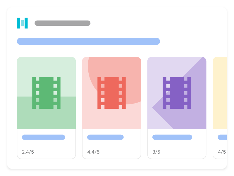 Movie host carousel with valid ItemList and Movie markup An illustration of how a movie host carousel can appear in Google Search. It shows 3 different movies from the same website in a carousel format that users can explore and select a specific movie