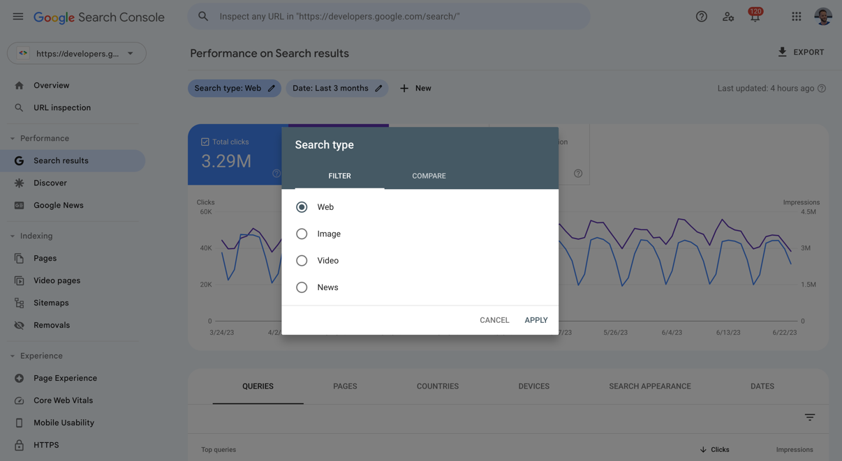 Search type filter in the Performance report in Search Console